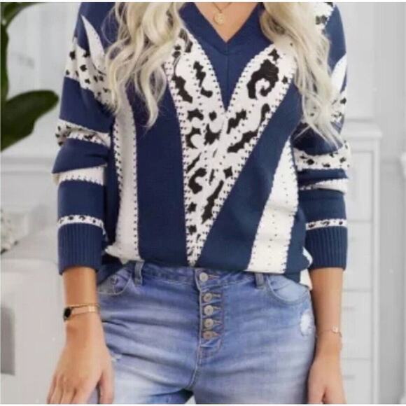Women's Pullover Popover Chevron Sweater V Neck Leopard Print Blue Sz M - Picture 3 of 9